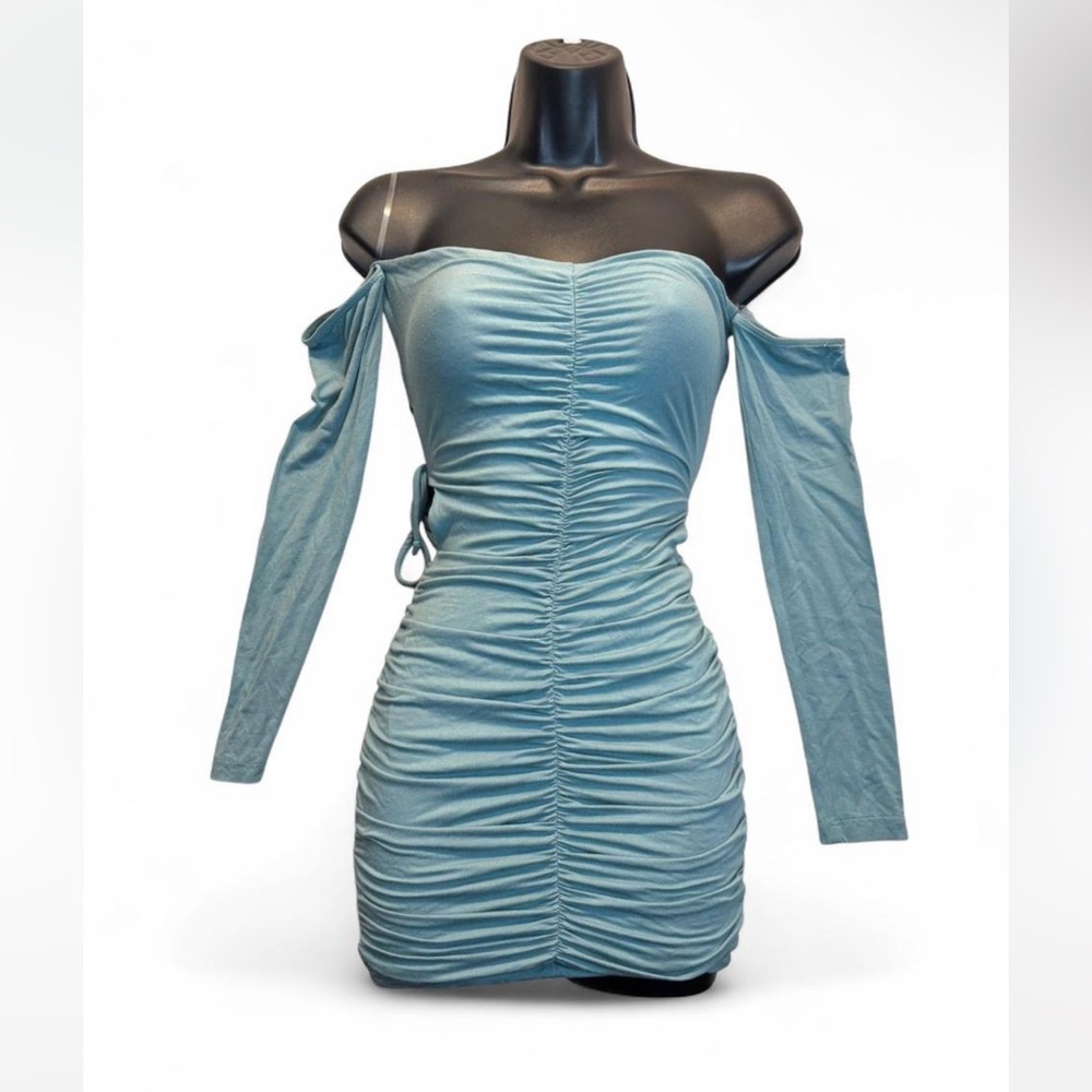 Meek Blue ruched off the shoulder bodycon dress #bodycon #ruched #party